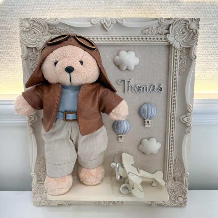 Quadro Urso Aviador com nome - Azul Bebê