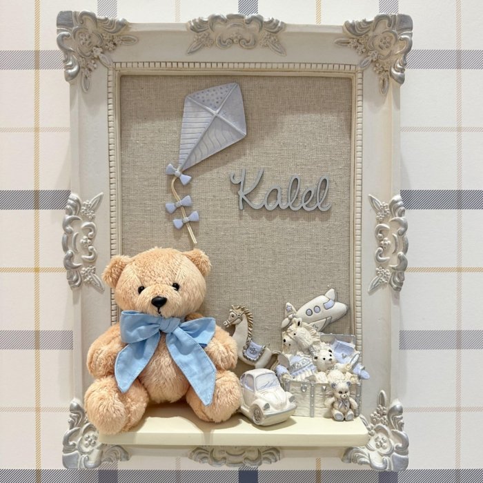 Quadro Maternidade Urso De Pelúcia Brinquedos - Vertical Azul Bebê